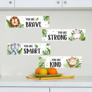 Inspirational Cartoon Animal Wall Stickers For Kids Room Decor PVC Watercolor Lion Elephant Hippo Monkey Motivational Phrases