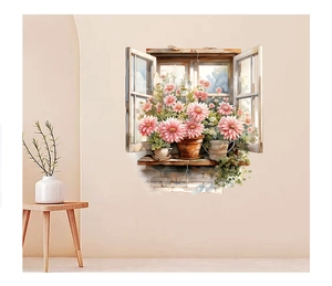 Detail of 3D window wall sticker featuring pink flowers and vintage wooden frame decor