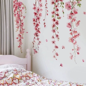 Pink Cherry Blossom Flower Vine Wall Stickers Watercolor Floral PVC Decals Self Adhesive Wall Art For Bedroom Living Room Decor