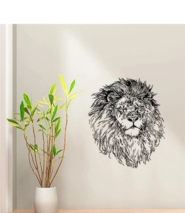Close-up of black sketch lion head wall sticker in a minimalist living room setting