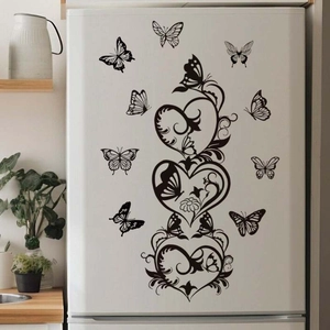 Decorative black butterfly and heart vine PVC wall stickers on white refrigerator surface