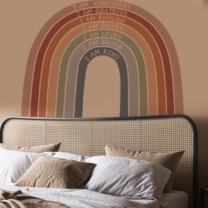 Rainbow wall decal with positive affirmations in Morandi colors for bedroom decor