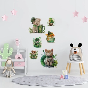 St Patrick's Day Cartoon Animal Wall Stickers Green Clover PVC Decals For Kids Room Bedroom Nursery Wall Decoration