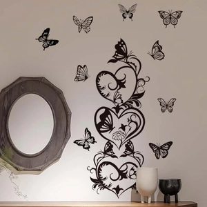 Elegant black butterfly heart PVC wall decals for living room and bedroom decor