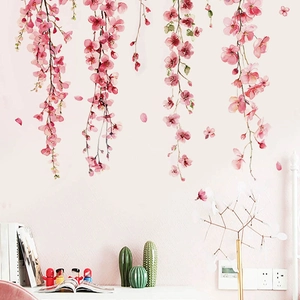 Pink watercolor cherry blossom wall stickers with floral vines for home living room decor