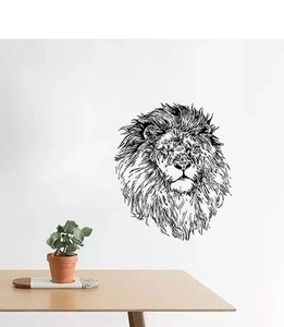 Detail of hand-drawn lion sketch wall decal on a white wall in a modern living room