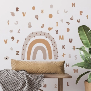Bohemian rainbow and alphabet wall stickers for kids nursery in warm earthy tones