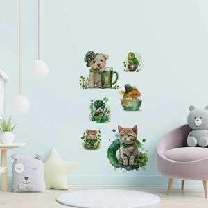 St. Patrick's Day cartoon animals wall decals with puppies, kittens and clovers on blue wall