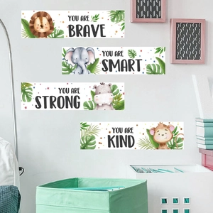 Set of 4 animal motivational wall decals for kids room with lion elephant and monkey