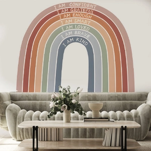Morandi rainbow wall decal with motivational phrases in a modern living room
