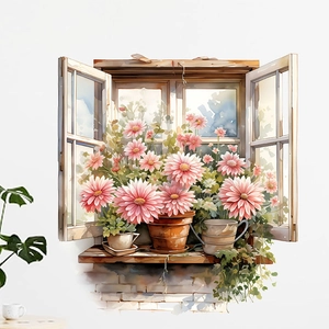 3D Romantic Pink Rose Flower Window View Wall Sticker PVC Watercolor Floral Pastoral Decal For Living Room Bedroom Decor