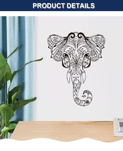 Detail of mandala elephant wall decal with intricate geometric lines on a white wall