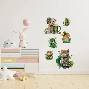 St. Patrick's Day watercolor animal wall stickers set with cute pets and shamrock motifs