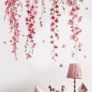Pink hanging flower wall decals with cherry blossoms for romantic living room decoration