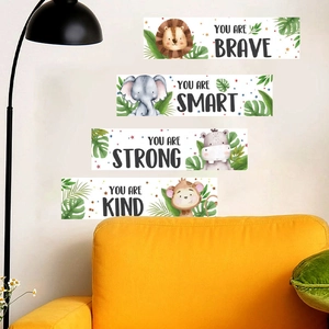Set of 4 motivational cartoon animal wall stickers for kids bedroom decor featuring a lion