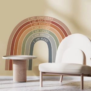 Rainbow wall decal with motivational I AM phrases for kids bedroom and living room decor