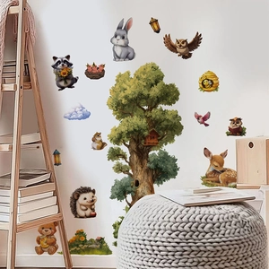 Forest animal wall decals with tree, deer, and owl stickers for kids nursery room decoration