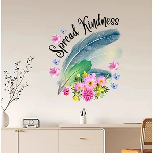 Spread Kindness wall decal with colorful feathers and flowers for home bedroom decor