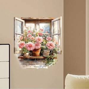 3D romantic pink rose window wall sticker for living room and bedroom home decor