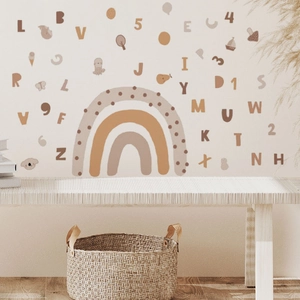 Rainbow alphabet wall stickers set in Nordic Morandi earth tones for kids nursery decor