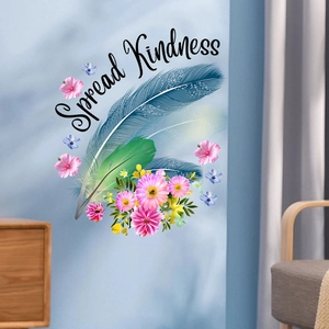 Floral wall decal with blue feathers and Spread Kindness quote for bedroom decor