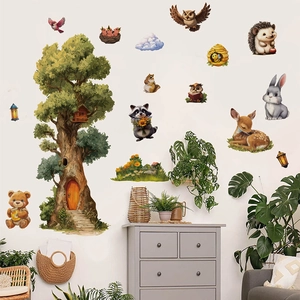 Forest animal wall decals with bear, deer and tree for nursery and kids room decor