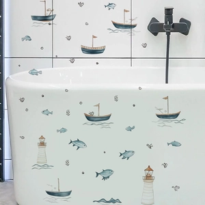 Self-adhesive nautical wall stickers with sailing boats and lighthouses for bathroom decor
