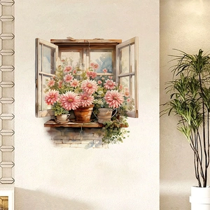3D romantic pink flower window wall sticker for living room and bedroom home decor