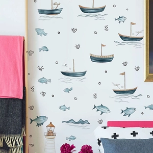 Nautical theme wall stickers with vintage sailboats, lighthouses and deep sea fishes