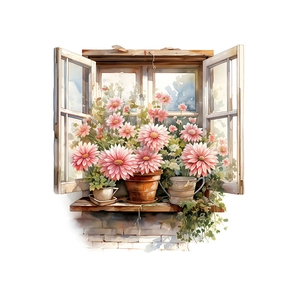 Romantic pink rose watercolor wall decal showing a vintage window view with floral pots