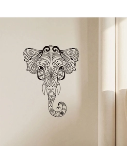 Close-up of mandala elephant wall sticker with intricate black line art on a neutral wall
