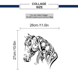 Detailed dimension guide for horse head sketch wall decal showing 28cm x 27cm collage size
