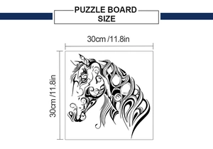 Square puzzle board with minimalist horse head sketch art showing 30cm size details