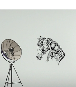 Abstract horse head wall decal with minimalist black streamlines on a light wall
