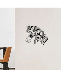 Artistic horse head wall decal in black sketch style for living room interior decor