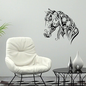 Modern black horse head wall sticker with tribal sketch design for home decor