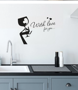 Removable kitchen wall decal with wine glass design and With love for you text