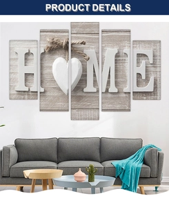 Detail of 5-panel canvas art showing white HOME text and heart on vintage wood background