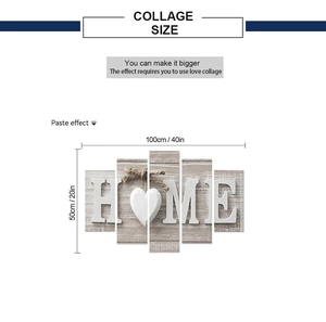 Detailed size specification for the 5-piece HOME wall art with a wooden texture background