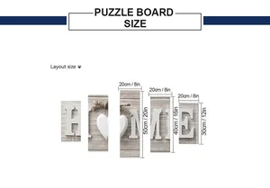 Size guide for 5-piece rustic wood home decor set showing height and width measurements