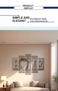 Detail showing the 5-panel HOME canvas art with vintage wood texture on a living room wall