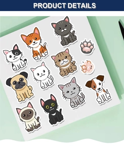 Detail showing various cute cartoon cat and dog stickers with colorful paw print designs