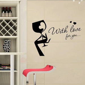 Creative black wine glass wall decal with Heart and With love for you text for kitchen