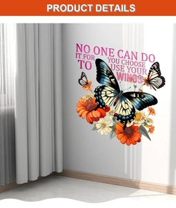 Detail of floral butterfly wall stickers with inspirational quotes on a living room wall