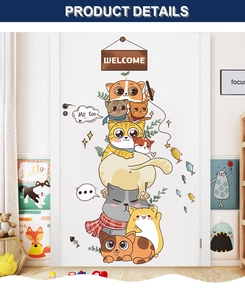 Detail of cartoon stacked cats wall sticker with Welcome sign on a white bedroom door