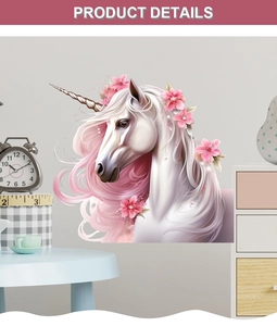 Detail showing self-adhesive unicorn wall decal with pink mane and cherry blossoms