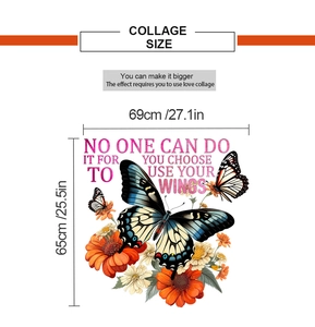 Macro detail of butterfly and flower wall decal with motivational English text