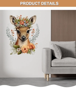Detailed view of sika deer wall sticker with floral wreath decoration in a modern living room