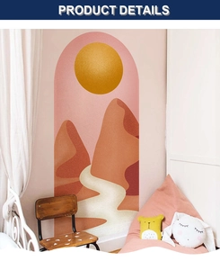 Detail view of large arch wall decal with sunset landscape in warm orange tones
