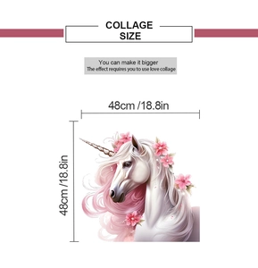 Size chart of unicorn wall sticker with pink mane and flowers measuring 48cm x 48cm
